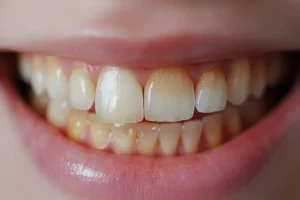 Close-up of yellow teeth with surface stains caused by plaque and enamel discoloration before professional teeth whitening treatment.