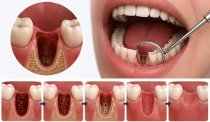 Dry Socket vs. Normal Healing showing a healthy tooth extraction socket with normal blood clot formation.