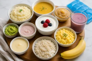 What to eat after a tooth extraction: soft foods including yogurt, mashed potatoes, scrambled eggs, oatmeal, soup, smoothies, and bananas.