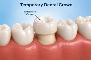 How Long Does Temporary Dental Cement Last on a Crown showing a temporary dental crown on a prepared tooth