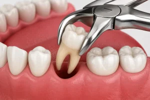 Tooth extraction procedure showing a dentist removing a molar with dental forceps for safe and effective treatment.