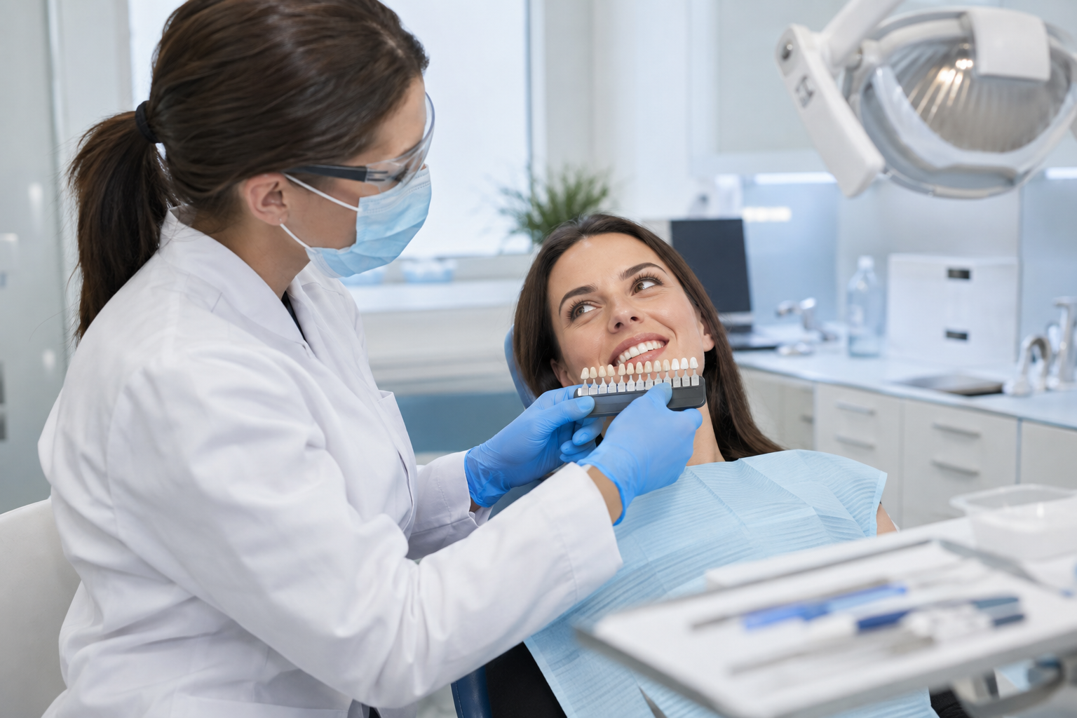 Dentist comparing a patient’s tooth shade before professional whitening