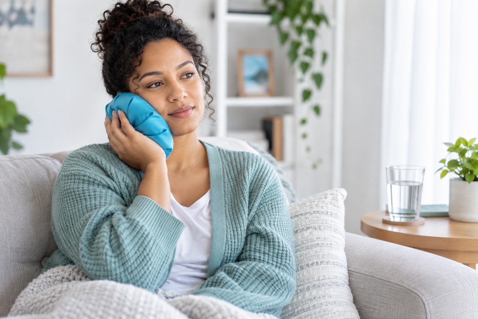 Patient holding a cold compress against her cheek after a tooth extraction